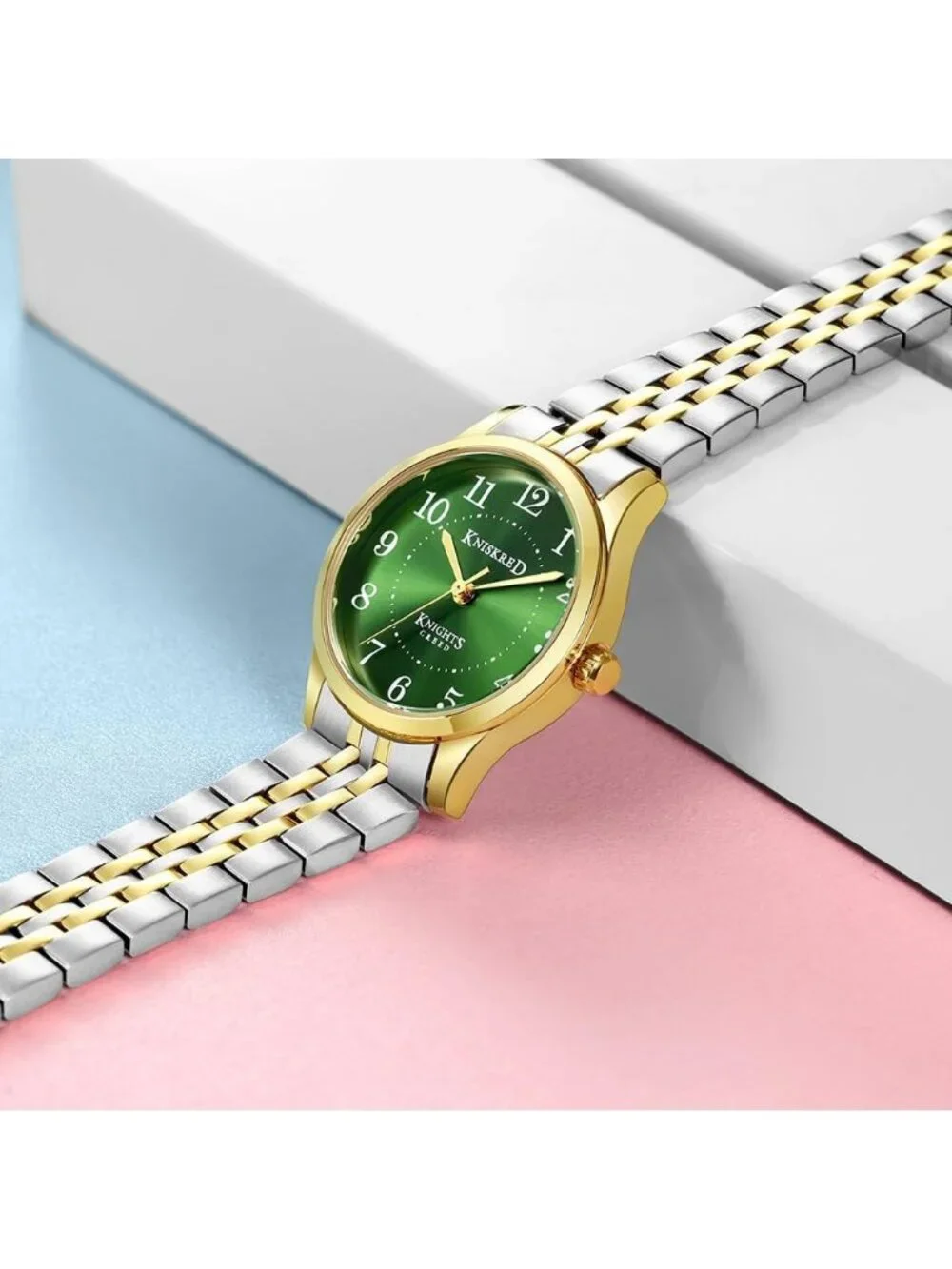 Women's Silver Green Solid Stainless Steel Band Easy to Read Dial Wrist Watch